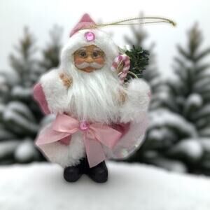 Pink Velvet Santa Claus Christmas Tree Ornament Trumpet Candy Cane